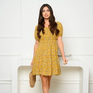 Ditsy Floral Short Puff Sleeve Elastic Waist Mustard Mini Dress Boho Casual